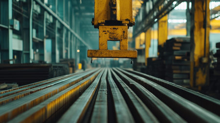 A striking industrial scene featuring a yellow crane positioned over steel beams. This image captures the essence of manufacturing in a busy factory setting, showcasing advanced machinery and efficient workflows.の素材