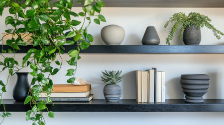 A stylish arrangement of unique vases, succulents, and books on sophisticated black shelves creates a modern and inviting home decor atmosphere.の素材