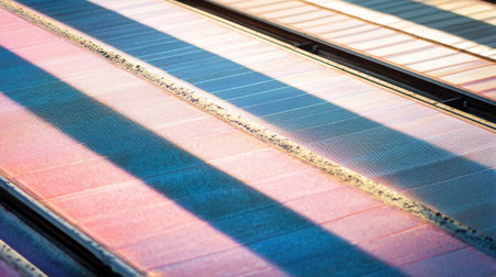 This vibrant abstract image showcases striped solar panels reflecting light, emphasizing contemporary energy solutions and innovative technology in a clean environment.の素材