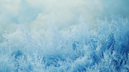 A serene winter scene showcasing delicate frost patterns on vegetation, creating a beautiful icy landscape under a soft blue and misty atmosphere.の素材
