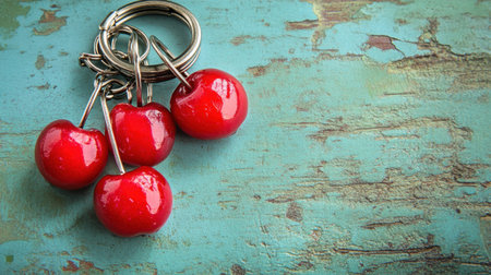 This image features a vibrant cherry keychain resting on a rustic blue wooden surface, showcasing its glossy finish and charming design. Perfect for decor.の素材