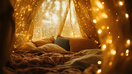 This cozy indoor tent features soft cushions and twinkling string lights, creating an inviting and tranquil atmosphere perfect for relaxation and comfort.の素材