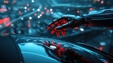 A sleek robotic hand reaches toward a futuristic interface in a vivid neon urban landscape. The glowing lights and advanced technology convey innovation and modernity.の素材