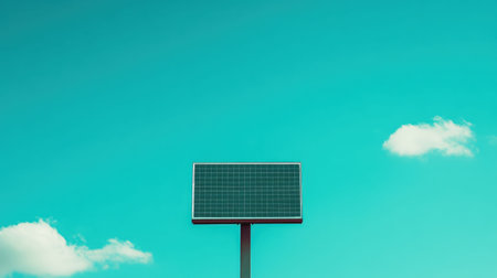 A solar panel mounted on a stand captures energy under a bright turquoise sky with fluffy clouds, symbolizing advances in renewable energy technology.の素材