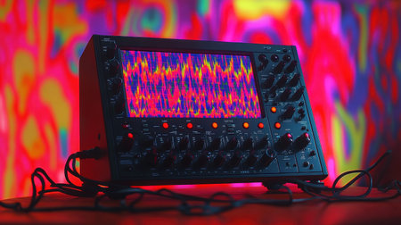 An audio oscilloscope displays colorful sound waves, showcasing the intersection of technology and art. The backdrop features vibrant abstract patterns, enhancing the visual impact.の素材