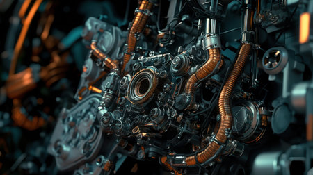 A stunning close-up view of a mechanical engine showcasing intricate components with gleaming copper and silver accents against a dark background, highlighting advanced engineering.の素材