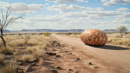 A stunning image featuring a giant rock formation on a deserted road, surrounded by an arid landscape under a picturesque sky with fluffy clouds.の素材