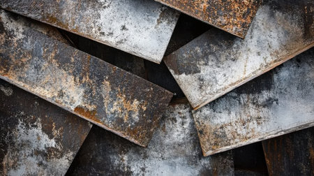 This image features an abstract composition of rusty steel sheets with weathered finishes, perfect for various artistic and industrial projects.の素材