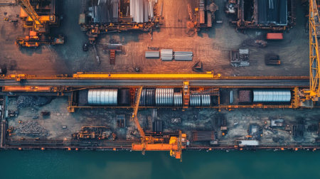 This aerial image showcases an industrial port filled with cranes, shipping containers, and cargo. The evening light highlights the bustling activity in the logistics hub.の素材