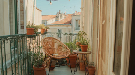 A beautiful balcony featuring a rattan chair surrounded by lush potted plants, creating a serene and inviting outdoor space ideal for relaxation.の素材