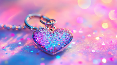 This enchanting heart-shaped keychain sparkles with glitter against a colorful background, perfect for capturing the essence of love and joy in any setting.の素材