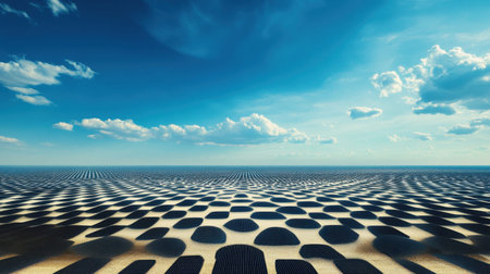 A breathtaking desert landscape showcasing unique patterns etched in the sand under a bright blue sky dotted with fluffy clouds. This serene scene evokes feelings of tranquility and the beauty of nature's design.の素材