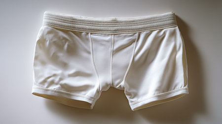 A pair of white athletic boxer shorts displayed on a plain background, showcasing a clean and modern design ideal for sportswear and casual fashion.の素材