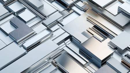 This striking image showcases an abstract arrangement of metallic shapes, featuring sleek reflections and a modern design. Ideal for technology and art themes.の素材