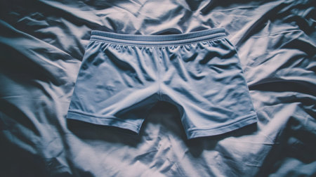 A light blue pair of boxer shorts laid neatly on a soft bed sheet, evoking a sense of comfort and casual style in domestic settings.の素材