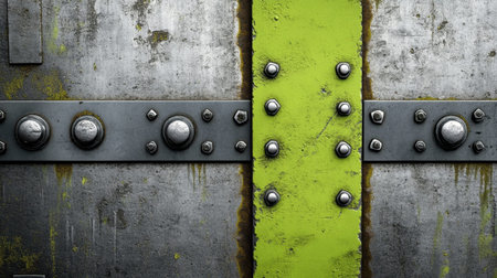 Close-up view of a rusty metal plate with a vibrant green stripe and rivets, highlighting the interaction of colors and textures in an industrial setting.の素材