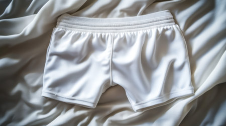 A pair of soft white shorts elegantly displayed on a smooth satin background, showcasing modern design and comfort suitable for fashion or sports themes.の素材