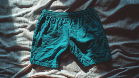 A pair of soft teal athletic shorts rests comfortably on a textured fabric surface, illuminated by gentle natural light, creating a serene and relaxed atmosphere.の素材