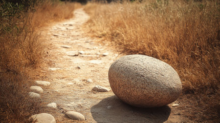 A large smooth stone sits prominently on a dusty path, framed by tall grass and warm sunlight, creating a serene outdoor landscape perfect for nature lovers.の素材