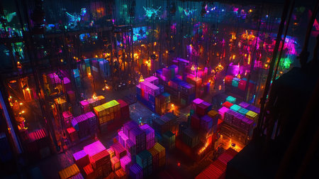 An eye-catching urban night scene showcasing a storage area filled with colorful containers bathed in dynamic neon lights, creating a vibrant atmosphere.の素材