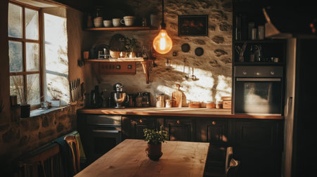 This image showcases a cozy rustic kitchen filled with warm lighting, wooden furnishings, and charming decor, creating a serene and inviting atmosphere perfect for culinary inspiration.の素材