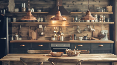 This inviting rustic kitchen features wooden furniture, copper pendant lights, and a warm atmosphere, perfect for cooking and gathering moments.の素材
