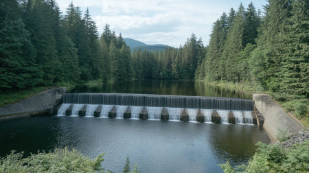 A stunning view of a calm lake with a cascading waterfall, framed by towering evergreen trees and distant mountains, creating a peaceful natural setting.の素材