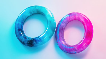 This image features two colorful translucent rings in blue and pink hues set against a soft pastel background. Ideal for summer-themed designs.の素材
