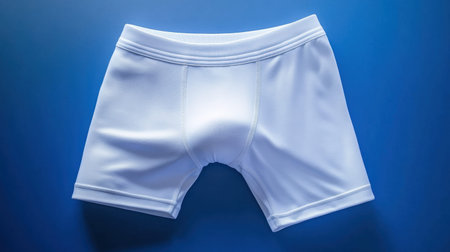 This stock image features a pair of white athletic boxer briefs displayed on a vibrant blue background. Ideal for fitness, sports, and apparel marketing.の素材