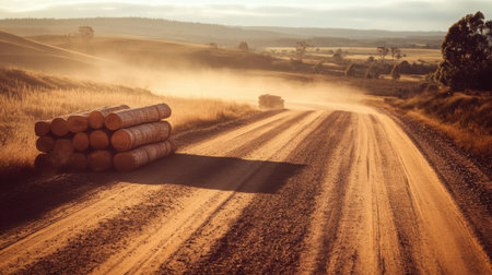 A serene country road stretches through beautiful golden fields, with a stack of logs resting nearby. Dust rises softly in the warm evening light, creating a tranquil rural scene.の素材