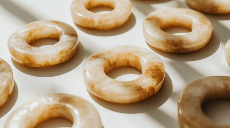 A collection of elegant light brown stone rings elegantly arranged on a white surface, showcasing their unique textures and soft shadows. Perfect for minimalist designs.の素材