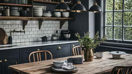 A beautifully designed dark kitchen featuring a rustic wooden table, elegant lighting, and chic shelving. Perfect for showcasing modern home decor ideas.の素材