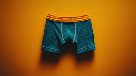 A close-up shot of vibrant blue boxer briefs with an orange waistband set against a bright yellow background, showcasing modern underwear design.の素材
