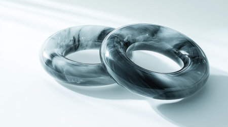 This image features two elegant circular objects with a smooth marble pattern, displayed in a minimalist setting that highlights their unique shape and texture.の素材