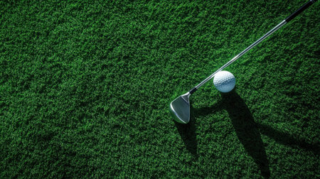 A close-up view of a golf club and a pristine white golf ball resting on vibrant green turf under bright lighting, perfect for sports enthusiasts.の素材