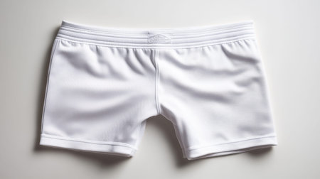A pair of pristine white athletic shorts displayed on a smooth surface, emphasizing comfort and versatility for sports and casual leisure wear.の素材
