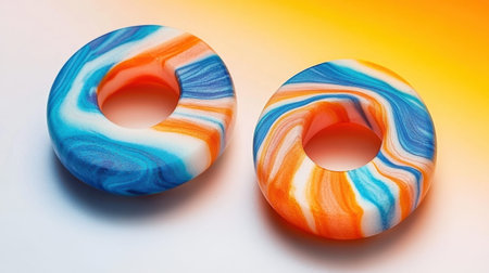 This image showcases two colorful abstract rings featuring striking blue, orange, and white swirls. Perfect for creative design projects and artistic inspiration.の素材
