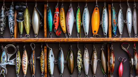 This image showcases a vibrant assortment of fishing lures neatly arranged in a wooden storage, perfect for fishing enthusiasts and outdoor adventurers.の素材