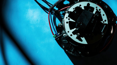 This image showcases a close-up view of an electronic component featuring wires and shadows against a blue surface. Ideal for technology-related themes.の素材