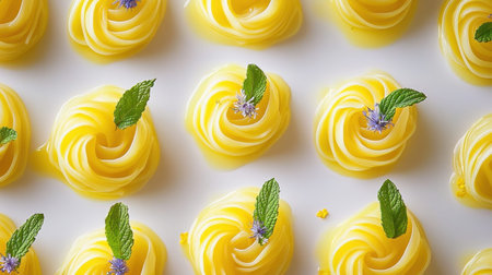 A stunning composition of yellow pasta elegantly shaped into nests, adorned with fresh mint leaves and delicate edible flowers, perfect for culinary inspiration.の素材