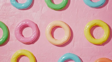 This vibrant image features colorful glazed donuts arranged on a pink background, perfect for dessert lovers and food enthusiasts looking for sweet inspiration.の素材
