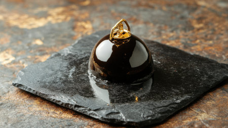 A sophisticated chocolate dessert featuring a glossy finish and an eye-catching gold ring on a sleek slate plate, perfect for gourmet presentations.の素材