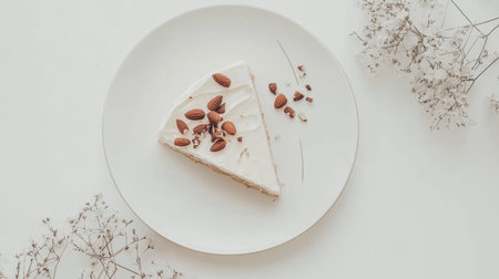 A beautifully crafted almond cake slice presented on a white plate, adorned with nuts and delicate flowers, perfect for a sweet indulgence.の素材
