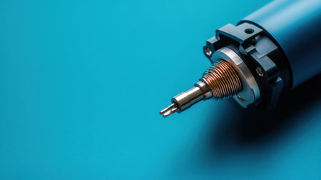 This image features a close-up view of a precision equipment component, showcasing intricate details and metallic textures against a vibrant blue background.の素材