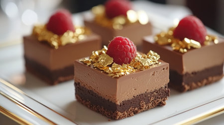 This exquisite close-up image showcases luxurious chocolate dessert squares embellished with gold leaf and fresh raspberries, perfect for fine dining and special occasions.の素材