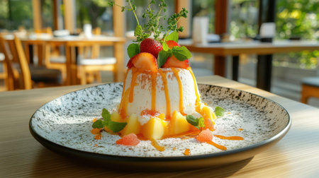 This image showcases an exquisite panna cotta dessert adorned with colorful fruits and garnished with fresh mint, perfect for food enthusiasts and restaurants.の素材