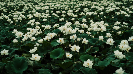 A captivating view of a serene water landscape filled with blooming white lotus flowers on lush green leaves, creating a tranquil and peaceful atmosphere.の素材