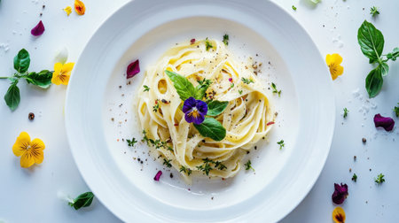 A beautifully arranged creamy fettuccine pasta dish garnished with fresh herbs and delicate edible flowers, perfect for gourmet dining experiences.の素材