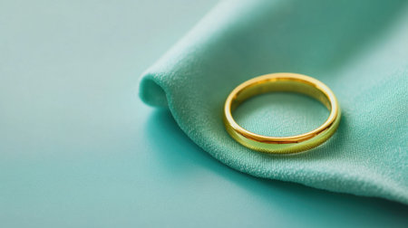A stunning gold ring rests gracefully on soft blue fabric, highlighting the ring's shine and elegance. Perfect for wedding and jewelry themes.の素材