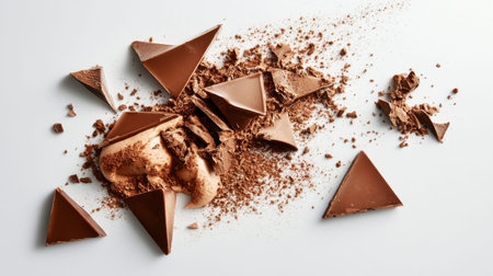 An artistic arrangement of broken chocolate pieces scattered with cocoa powder, showcasing a rich and creamy dessert on a clean white surface.の素材
